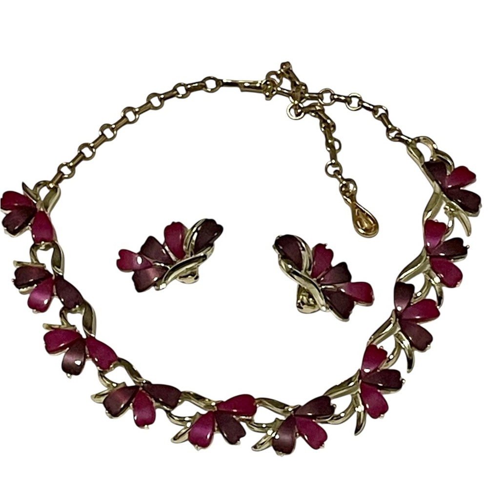 CORO Necklace & Earring Set Purple & Pink Moonglow Thermoset Mid Century